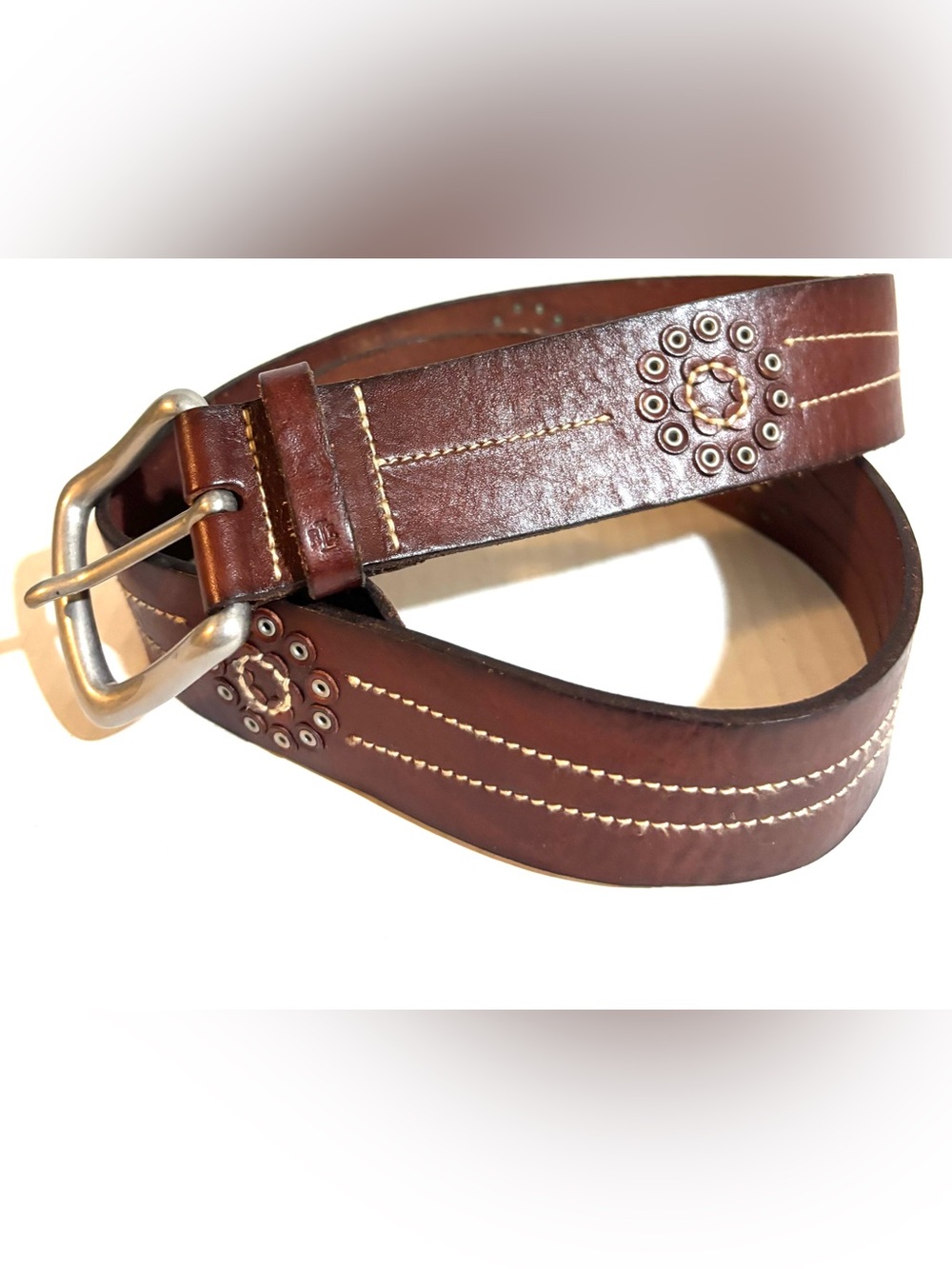 unisex Brown Leather Studded Belt with Contrast Stitching